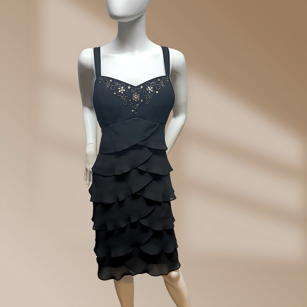 S.L. Fashions Ladies Black Tired Dress Beaded Embellishments Sz 16 Petite NWOT - Picture 2 of 5